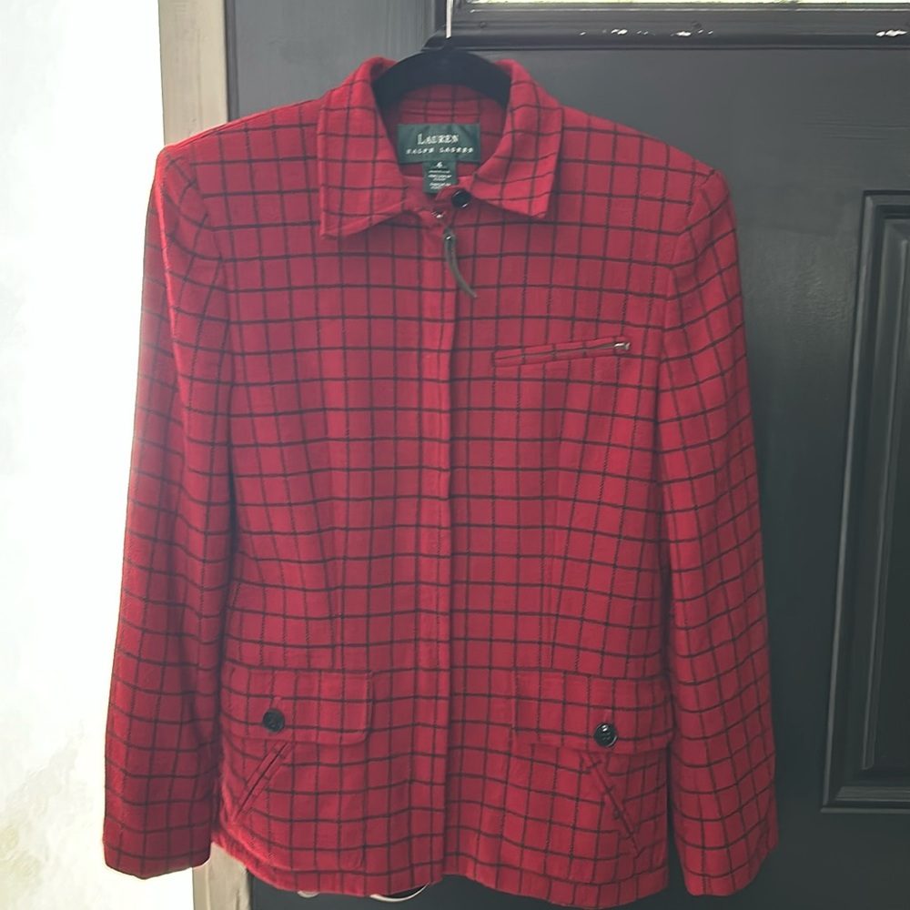 Lauren Ralph Lauren Window Pane Plaid Academia Red Wool Blazer Full Zip Jacket
